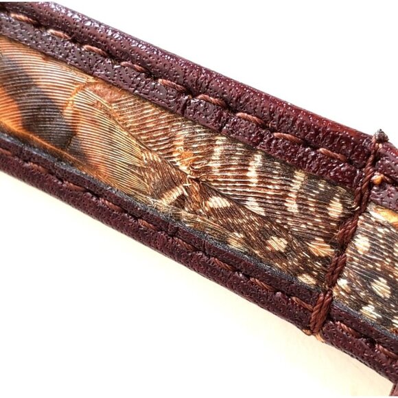 Vintage Brown Leather Feather Inlay Belt With Brass Buckle - Picture 4 of 6